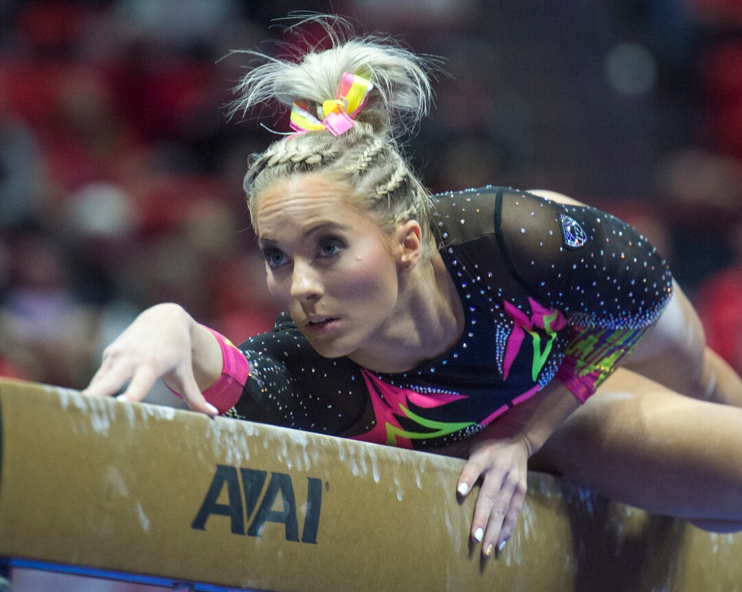 (Rick Egan  |  The Salt Lake Tribune)   MyKayla Skinner competes on the beam for Utah, in Gymnastics action Utah vs. Oregon State at the Jon M. Huntsman Center, Friday, January 19, 2018.