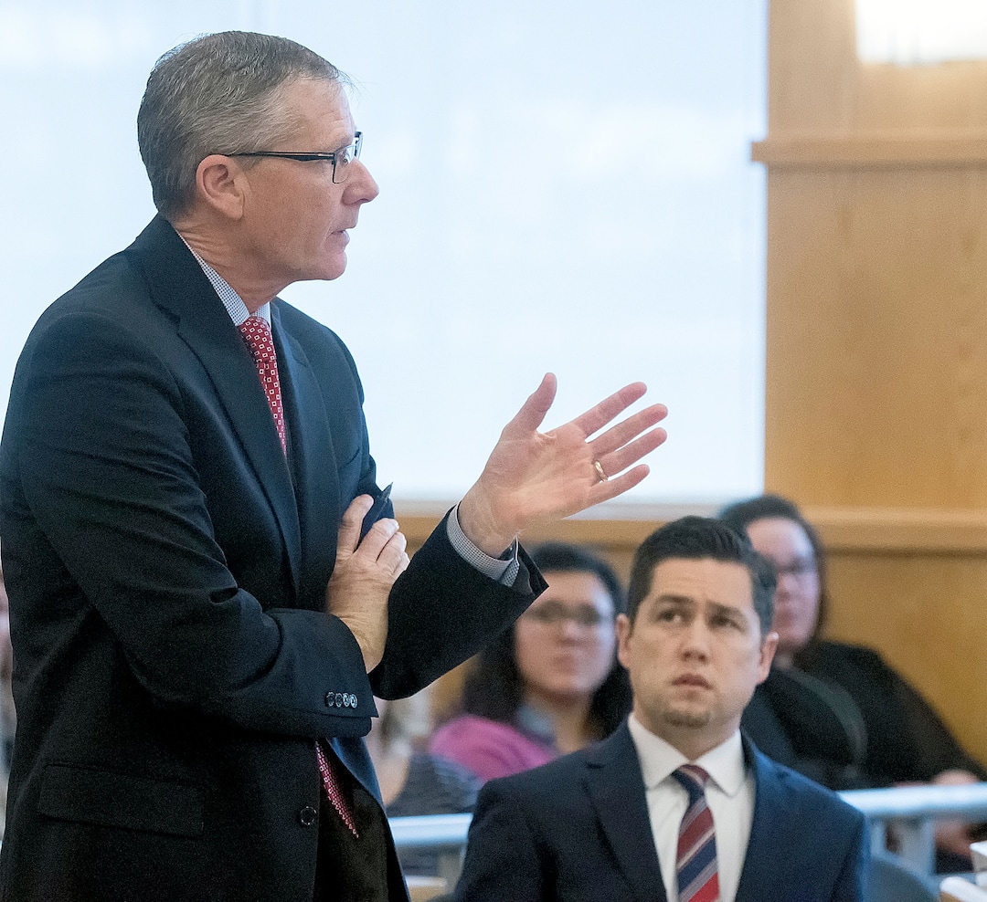 (Eli Lucero  |  Herald Journal, pool) Prosecuting attorney James Swink speaks at Colter Peterson's sentencing for attempted aggravated murder and robbery, Thursday, Feb. 1, 2018, in Logan, Utah. Peterson received a sentence of 15 years to life for shooting Deserae Turner in February 2017, and leaving her for dead in a dry irrigation canal in Smithfield, Utah.