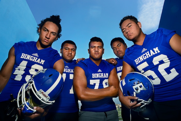 Scott Sommerdorf | The Salt Lake Tribune
The Bingham defensive line from left to right; Langi Tuifua, Simote Pepa, Jay Tufele, Ben Malohi, and Amanaki Angilau, prior to practice, Wednesday, August 24, 2016.