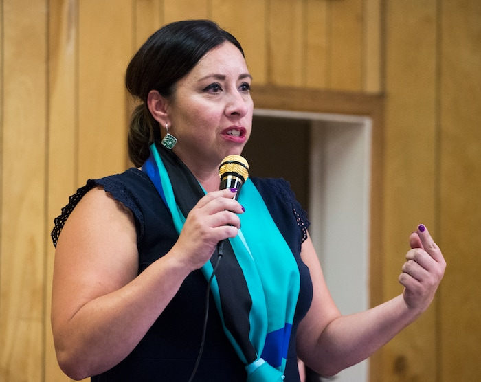 (Rick Egan  |  The Salt Lake Tribune) Rep. Angela Romero says a few words about homelessness at the Poplar community Alliance meeting at St Patrick Parish Social Hall, Friday, August 25, 2017.


