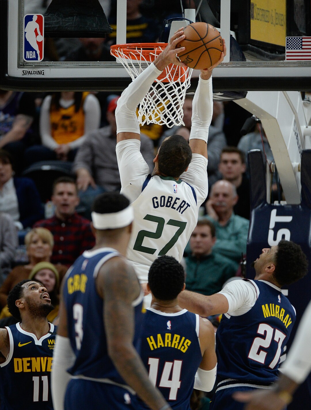 (Francisco Kjolseth  |  The Salt Lake Tribune) Utah Jazz center Rudy Gobert (27) gets his shot as the Utah Jazz host the Denver Nuggets in their NBA basketball game at Vivint Smart Home Arena in Salt Lake City on Wednesday, Feb. 5, 2020.