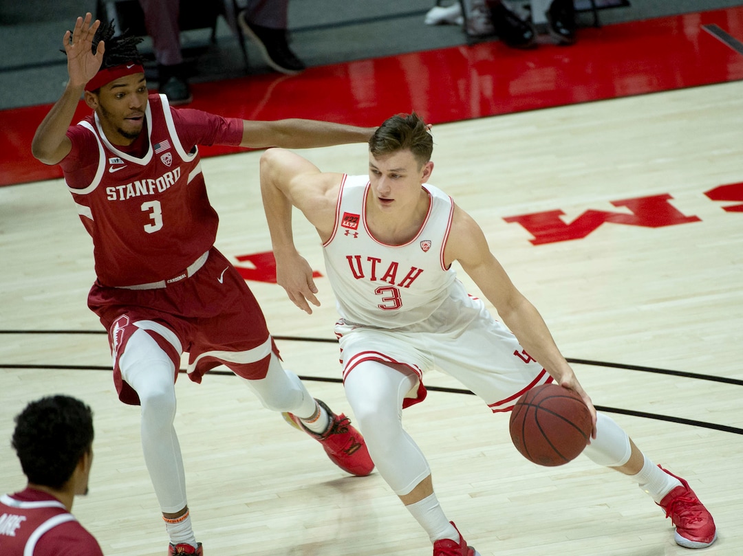(Francisco Kjolseth  | The Salt Lake Tribune) Utah Utes guard Pelle Larsson (3) maneuvers past Stanford Cardinal forward Ziaire Williams (3) as the Utes host the Stanford Cardinals on Thursday, Jan. 14, 2021 at the Jon M. Huntsman Center in Salt Lake City.