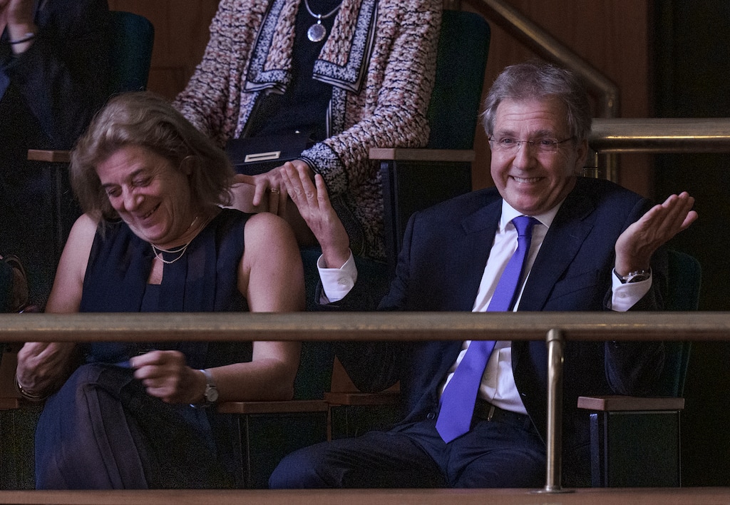 (Leah Hogsten | The Salt Lake Tribune) Maestro Thierry Fischer and his wife, Catherine Orange Fischer, left, share a laugh with the crowd during Thursday evenings "A Toast to Thierry," Sept. 8, 2022, at Abravanel Hall for his contributions to Utah's vibrant cultural community and his 14 years at the helm of the Utah Symphony. Fischer embarks on his final season as Utah Symphony's music director with concerts Friday and Saturday, Sept. 9-10, 2022.