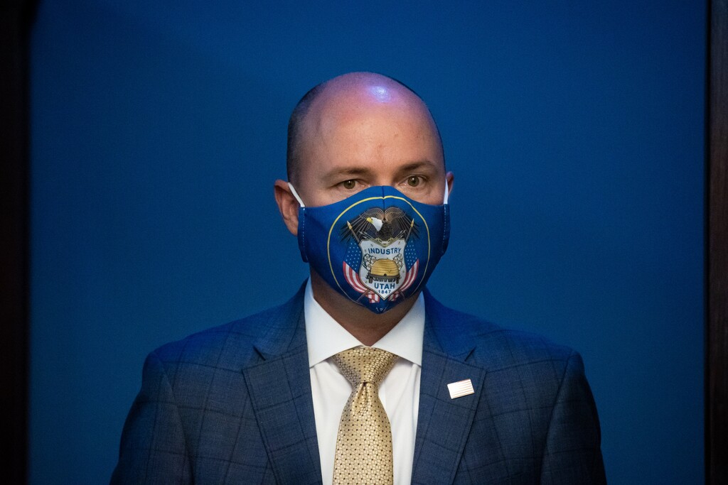 (Spenser Heaps | Deseret News, pool) Gov. Spencer Cox arrives for a briefing on COVID-19 at the Utah State Capitol in Salt Lake City on Thursday, April 29, 2021.