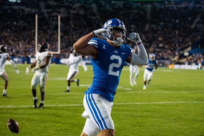 (Trevor Christensen | Special to The Tribune) Brigham Young University's Neil Pau'u celebrates a touchdown against Virginia during the second half at LaVell Edwards Stadium on Saturday, Oct. 30, 2021, in Provo.