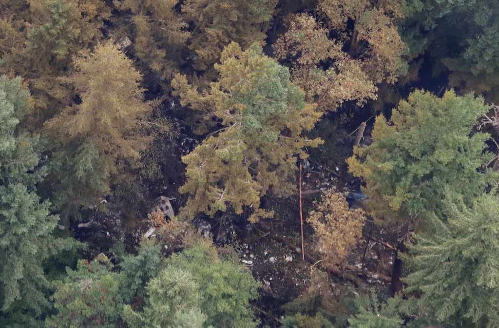 The site on Ketron Island in Washington state where an empty Horizon Air turboprop plane crashed Friday after it was stolen from Sea-Tac International Airport is seen from the air, Saturday, Aug. 11, 2018, near Steilacoom, Wash. Investigators were working to find out how an airline employee stole the plane and crashed it after being chased by military jets that were quickly scrambled to intercept the aircraft. (AP Photo/Ted S. Warren)