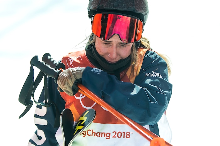 (Chris Detrick  |  The Salt Lake Tribune)  Maddie Bowman of the United States reacts after crashing on her final run in the Ladies' Ski Halfpipe Final Run at Phoenix Park during the Pyeongchang 2018 Winter Olympics Tuesday, Feb. 20, 2018. Bowman, the gold medal winner in the 2014 Sochi Olympics, finished in 11th place with a score of 25.80.  