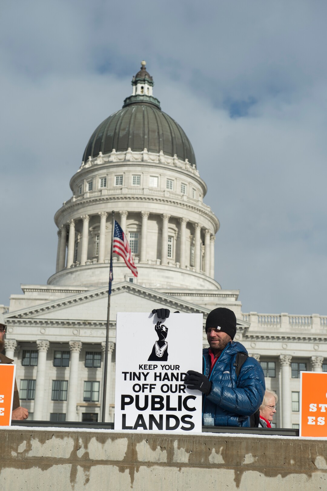 (Rick Egan  |  The Salt Lake Tribune) Dan Ransom, of Salt Lake City, protests President Trump's visit to Utah to shrink the Bears Ears monument in front of the Utah State Capitol Building, Monday, December 4, 2017.