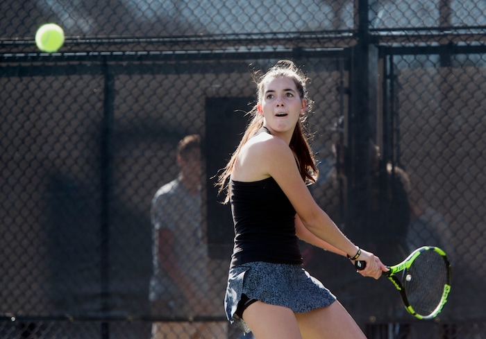 (Rick Egan  |  The Salt Lake Tribune) Daniella Aaron, Lone Peak, plays Mackenzie Turley, Davis High, in the 6A High School tennis championship game. Friday, October 6, 2017.


