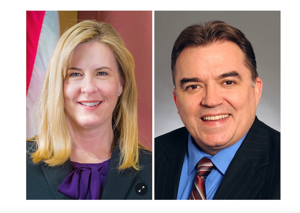 (Minnesota House, left, and Minnesota Senate via The New York Times) In official government portraits, Minnesota State Rep. Melissa Hortman, the top Democrat in the House, and State Sen. John A. Hoffman, the two lawmakers attacked by a gunman disguised as a policeman on Saturday, June 14, 2025. Hortman and her husband, Mark, were killed in their home in a politically motivated attack; Hoffman and his wife, Yvette, later wounded in an attack at their home.