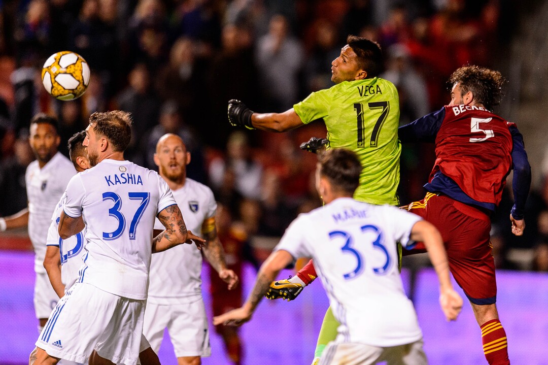 (Trent Nelson  |  The Salt Lake Tribune)  San Jose Earthquakes goalkeeper Daniel Vega (17) knocks the ball away from goal as Real Salt Lake hosts the San Jose Earthquakes, MLS soccer at Rio Tinto Stadium in Sandy on Wednesday Sept. 11, 2019.