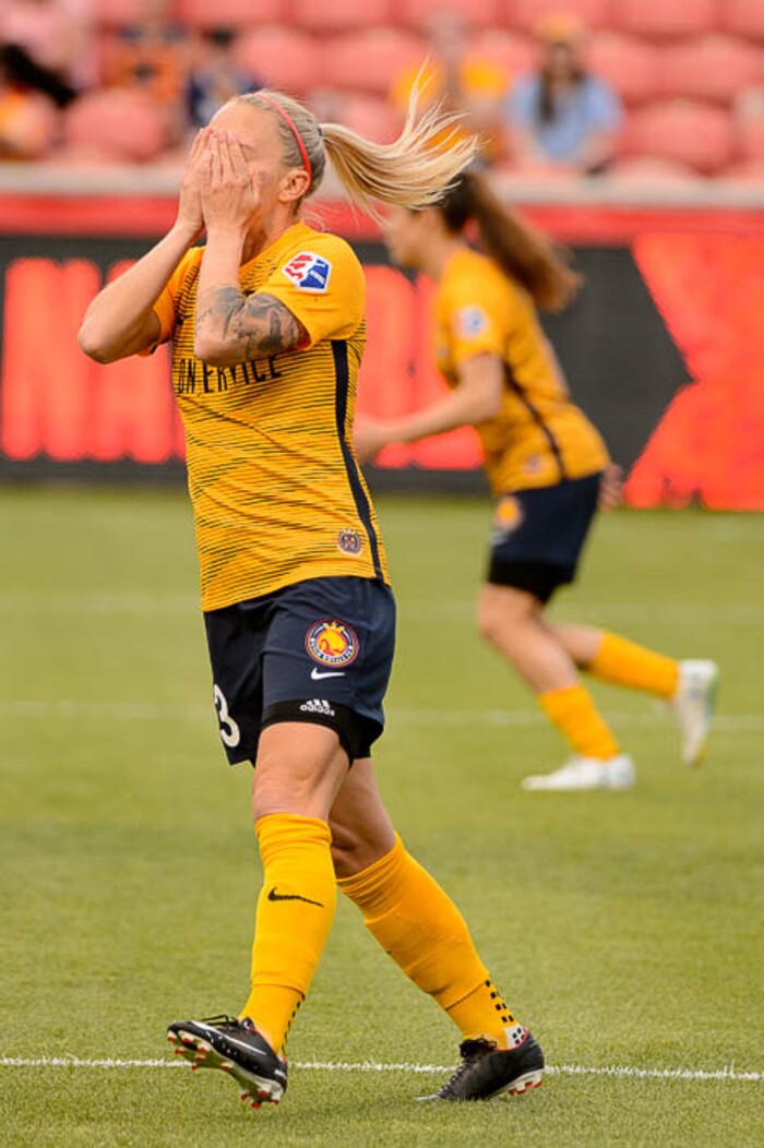 (Trent Nelson | The Salt Lake Tribune)
Utah Royals vs. Washington Spirit, soccer at Rio Tinto Stadium in Sandy, Saturday May 5, 2018. Utah Royals FC midfielder Gunnhildur Jónsdóttir (23) reacts to a missed shot.