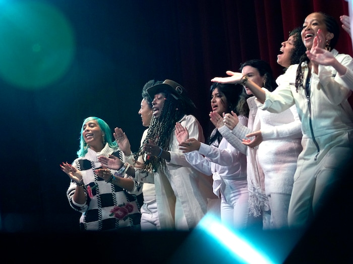 (Leah Hogsten | The Salt Lake Tribune) The Resistance Revival Chorus performs at the rally at East High School on Monday. To commemorate the legacy and work of Martin Luther King, Jr. and many other activists fighting for racial equality during the Civil Rights movement, the University of Utah's office of Equity, Diversity & Inclusion kicked off MLK Week 2023 with a rally at East High School, followed by a march to Kingsbury Hall, Jan. 16, 2023. 