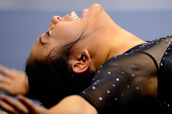(Trent Nelson  |  The Salt Lake Tribune) Cristal Isa on the floor as the University of Utah hosts Arizona State, NCAA gymnastics in Salt Lake City on Friday, Jan. 24, 2020.