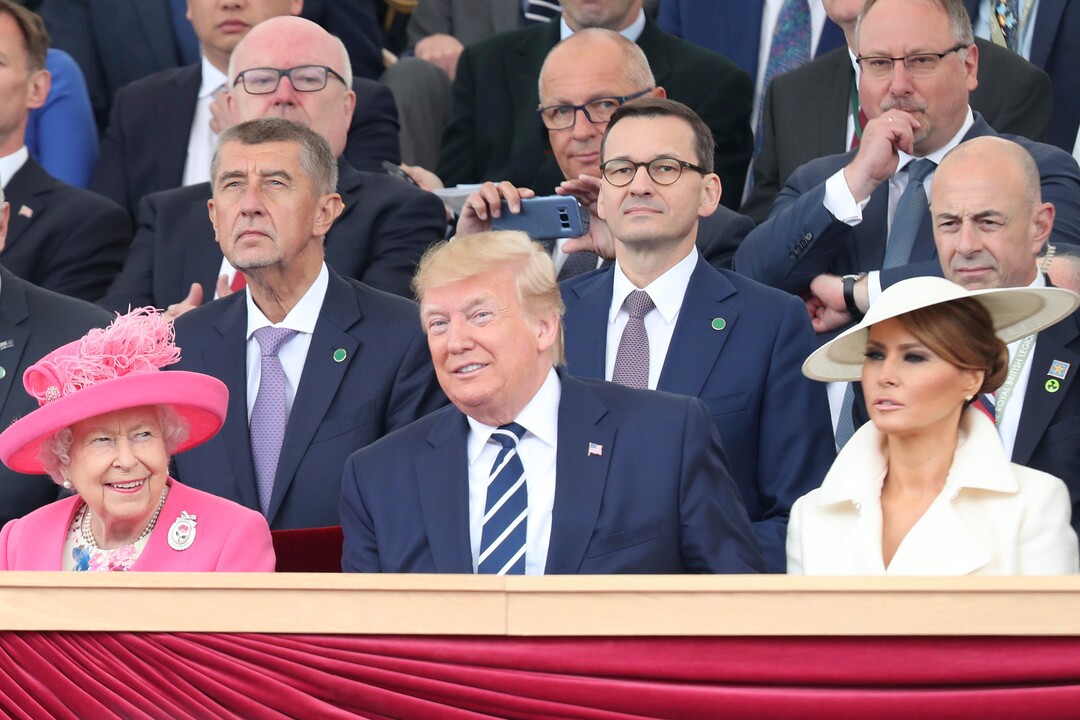(Chris Jackson| Pool Photo via AP) Britain's Queen Elizabeth with US President Donald Trump and Melania Trump during commemorations for the 75th Anniversary of the D-Day landings at Southsea Common, Portsmouth, England, Wednesday, June 5, 2019.