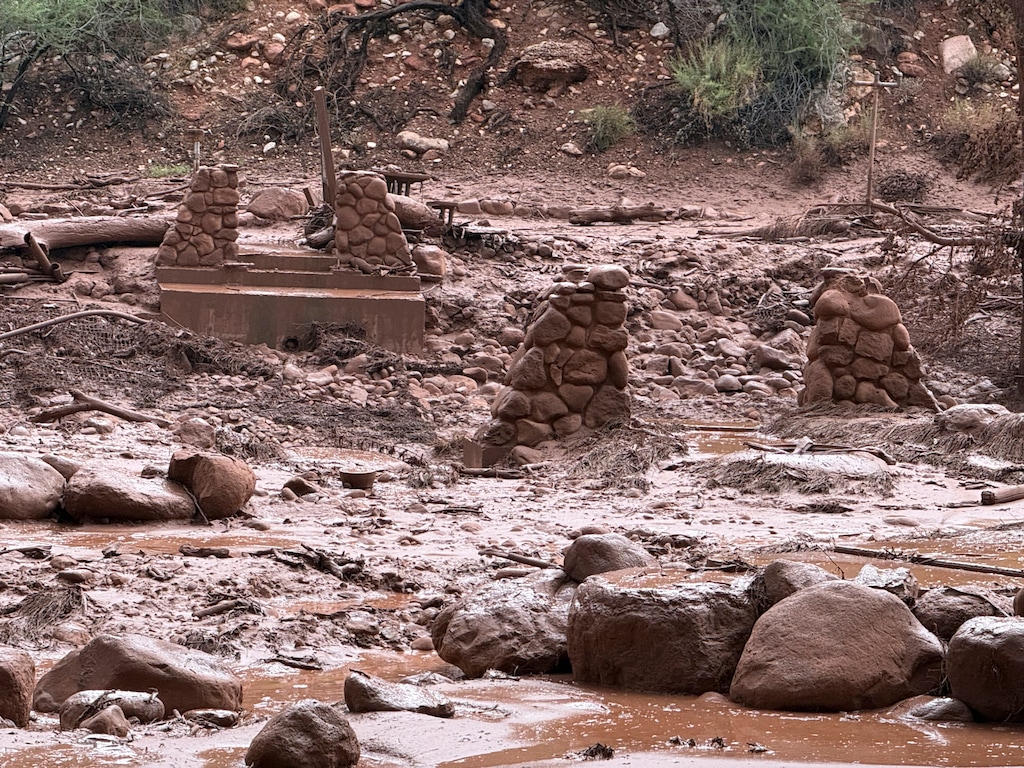 (National Park Service via The New York Times) In a photo from the National Park Service, the remains of a footbridge along Bright Angel Creek after flash flooding destroyed the crossing in the Grand Canyon on Saturday. 