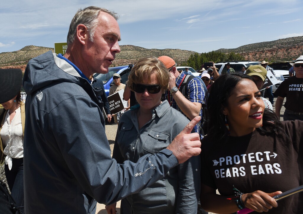 Francisco Kjolseth | The Salt Lake TribuneInterior Secretary Ryan Zinke snaps at pro monument activist Cassandra Begay after she directed pointed questions regarding his failure to meet with more Native Americans during his tour of Bears Ears National Monument in southeastern Utah. Interior Secretary Zinke had just arrived at the Butler Wash Indian Ruins trail head within Bears Ears National Monument for a tour. 