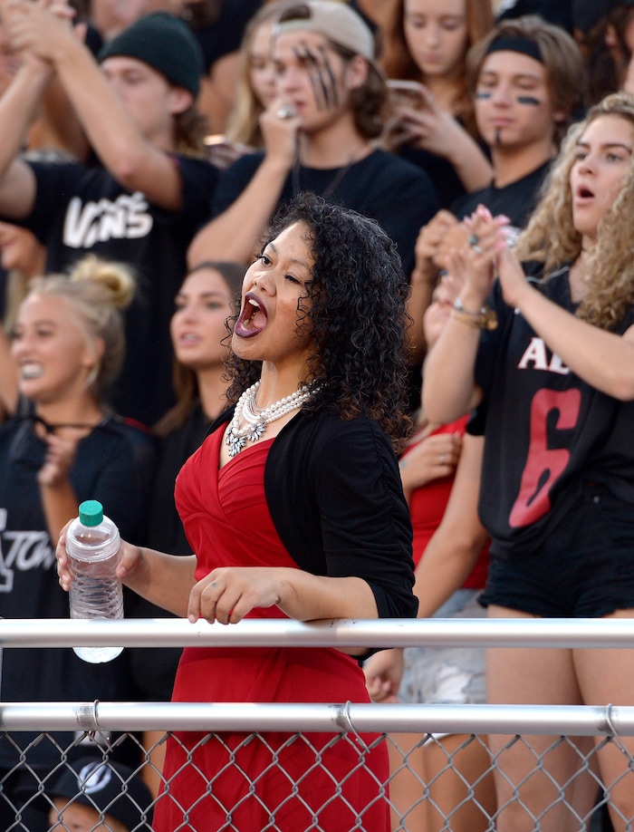 (Leah Hogsten  |  The Salt Lake Tribune) Lehi High School and Alta High School are tied, 42-42 in the second half during their game, Friday, August 18, 2017 in Sandy. 