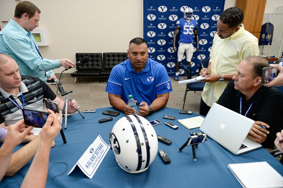 Francisco Kjolseth | The Salt Lake TribuneBYU football head coach Kalani Sitake, sits down for interviews during BYU Football Media Day at BYU Broadcasting in Provo on Friday, June 23, 2017.