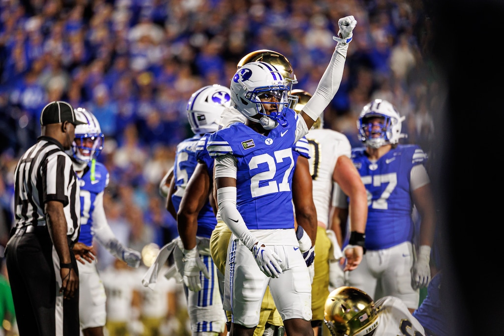 (Lizzy McDonald | BYU Photo) Matthias Leach reacts after BYU makes a stop in the Cougars' win over Notre Dame.
