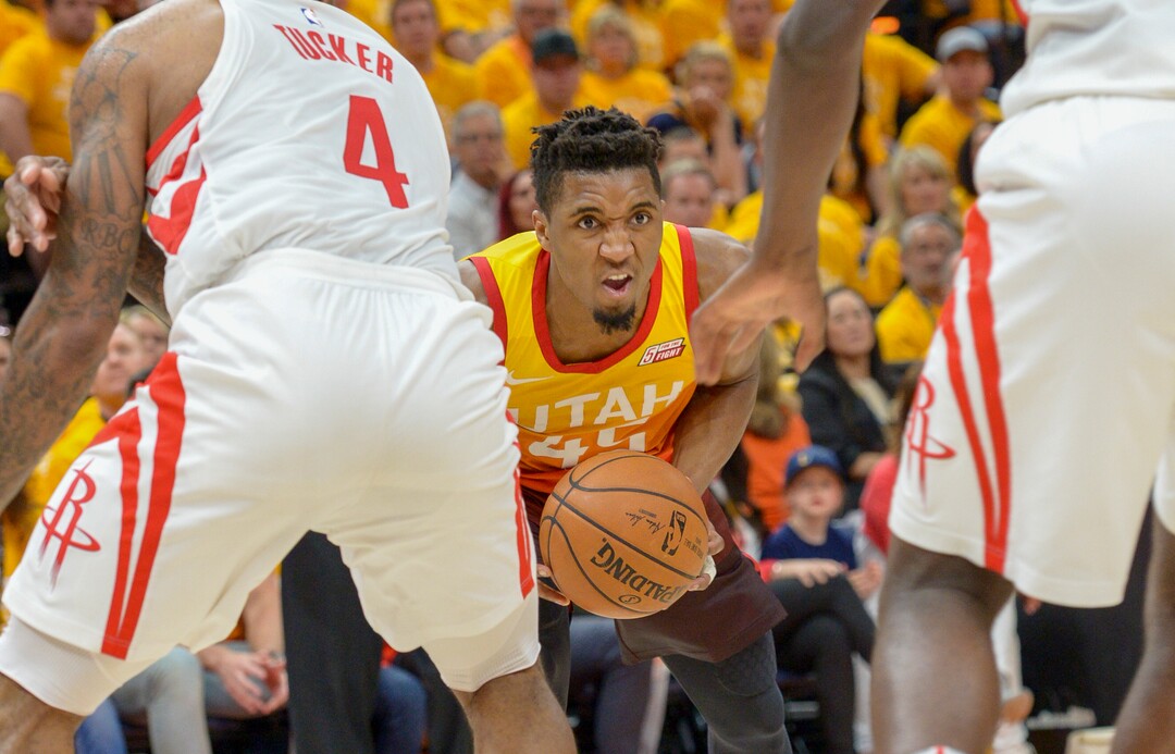 (Leah Hogsten  |  The Salt Lake Tribune)  as the Utah Jazz take on the Houston Rockets in Game 3 of an NBA basketball second-round playoff series Friday, May 4, 2018 in Salt Lake City.