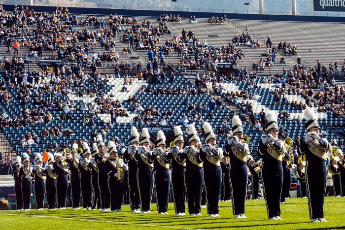 (Chris Detrick  |  The Salt Lake Tribune)  The BYU marching band performs before the game against San Jose State at LaVell Edwards Stadium Saturday, October 28, 2017.  