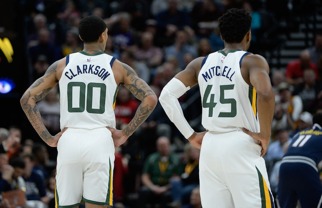 (Francisco Kjolseth  |  The Salt Lake Tribune) Utah Jazz guard Jordan Clarkson (00) and Utah Jazz guard Donovan Mitchell (45) host the Denver Nuggets in their NBA basketball game at Vivint Smart Home Arena in Salt Lake City on Wednesday, Feb. 5, 2020.