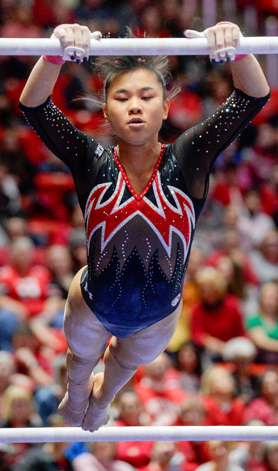 (Leah Hogsten  |  The Salt Lake Tribune) Kim Tessen on the bars as the University of Utah fifth-ranked gymnastics team hosts No. 12 University of Kentucky during its home opener, Jan. 3, 2020, at the Huntsman Center. Tessen scored a 9.90. Tessen scored a 9.90.