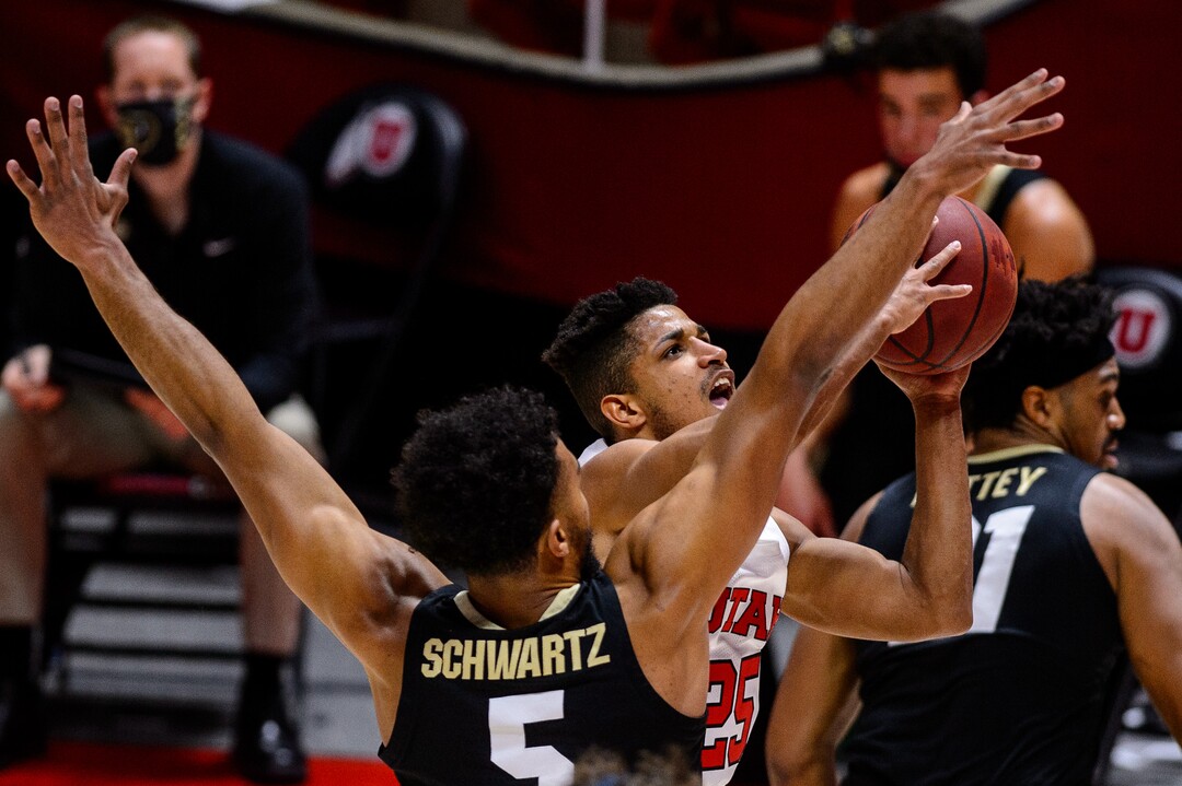 (Trent Nelson  |  The Salt Lake Tribune) Utah Utes guard Alfonso Plummer (25) shoots as Utah hosts Colorado, NCAA basketball in Salt Lake City on Monday, Jan. 11, 2021.