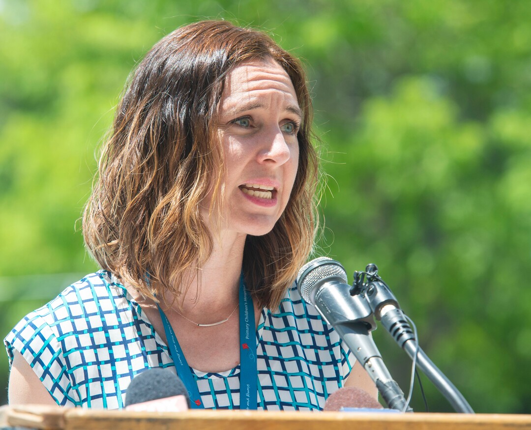 (Rick Egan  |  The Salt Lake Tribune)    Jessica Strong, Community Health Manager at Intermountain Primary ChidrenÕs Hospital talks about watery safety during a press conference at the Jewish Community Center.  Miles nearly died in an accidental drowning incident in his grandmotherÕs pool.  Friday May 31, 2019