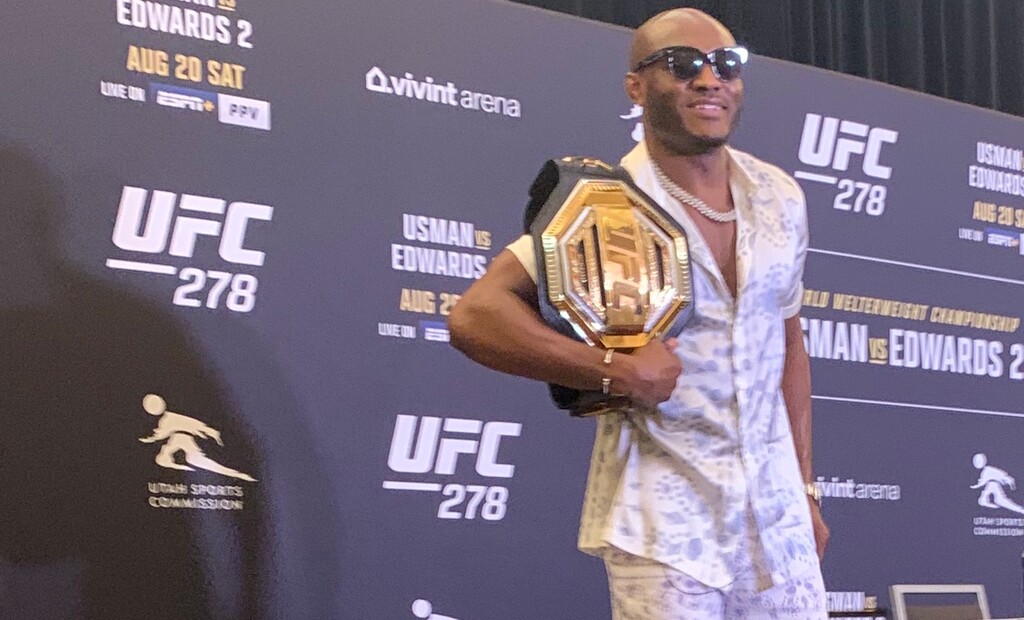 (Eric Walden  |  The Salt Lake Tribune) UFC welterweight champion and No. 1 pound-for-pound fighter Kamaru Usman participates in the media day session on Aug. 17, 2022 ahead of the upcoming UFC 278 pay-per-view in Salt Lake City.
