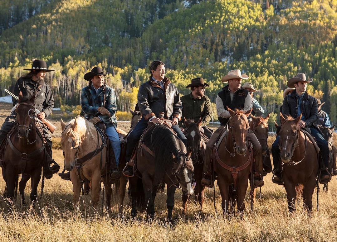 (Photo: Paramount Network) Pete Sands (left), Mo Brings Plenty, Gil Birmingham, Cole Hauser, Kevin Costner and Wes Bentley in “Yellowstone.”