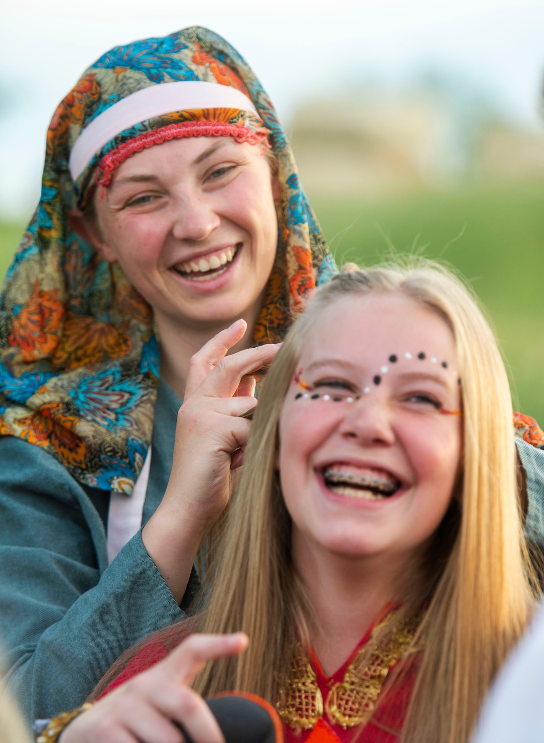 (Rick Egan  |  The Salt Lake Tribune)    Elyssa David from Düsseldorf, Germany helps Hailey Spencer with her hair, before the Mormon Miracle Pageant Wednesday, June 12, 2019.  The final run for the pageant continues through Saturday, June 22.