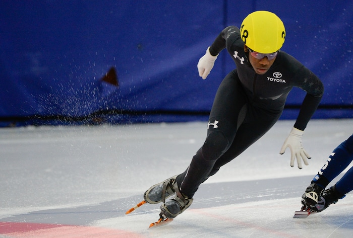 (Francisco Kjolseth  |  The Salt Lake Tribune) Maame Biney competes in the 2000 meter mixed semifinal relay race as part of the U.S. Short Track Speedskating championships on Friday, Jan. 3, 2020, at the Utah Olympic Oval in Kearns.