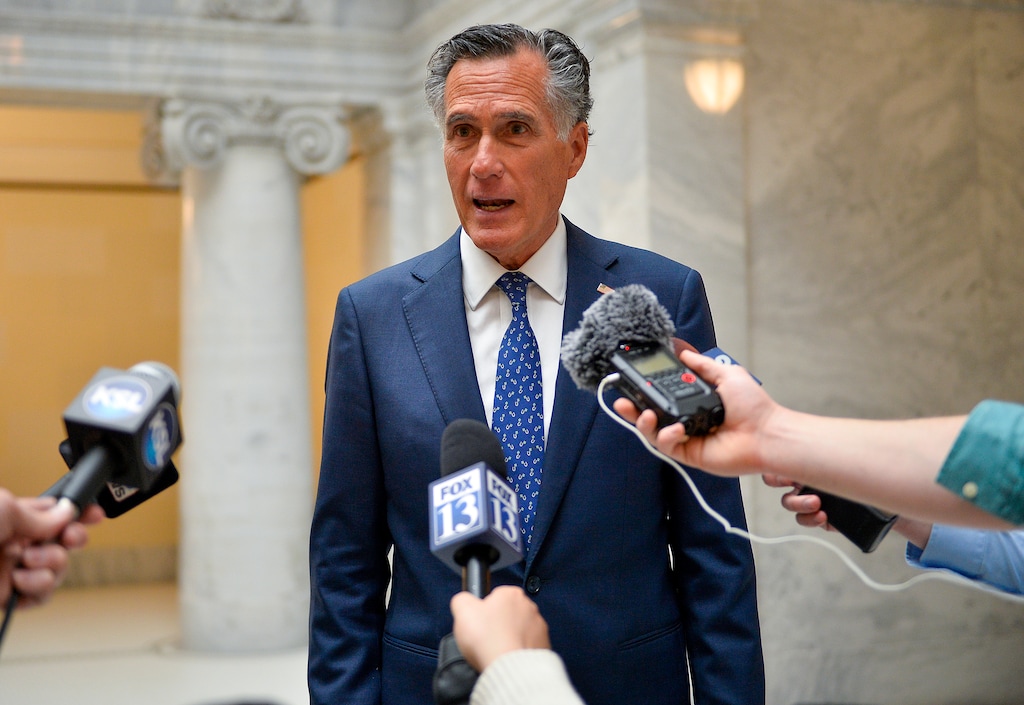 (Chris Samuels | The Salt Lake Tribune) U.S. Sen. Mitt Romney speaks to media after a visit to the Utah Capitol in Salt Lake City, Tuesday, Feb. 21, 2023. Romney said on Friday, June 16, that he was "angry" former President Donald Trump was putting the country through tumult over the documents indictment.