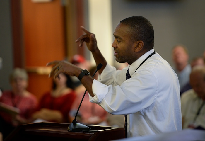 (Scott Sommerdorf | The Salt Lake Tribune)
Daryl Acumen speaks against continuing the lawsuit against SB54 as the Utah Republican Party Central Committee met, Saturday, September 9, 2017.