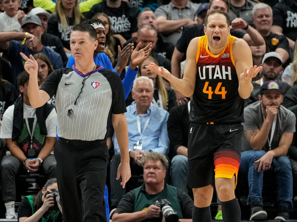 (Leah Hogsten | The Salt Lake Tribune)  Utah Jazz forward Bojan Bogdanovic (44) disputes a call during Game 6 of the 2022 NBA first-round playoff series against the Dallas Mavericks, Thursday, April 28, 2022, in Salt Lake City.