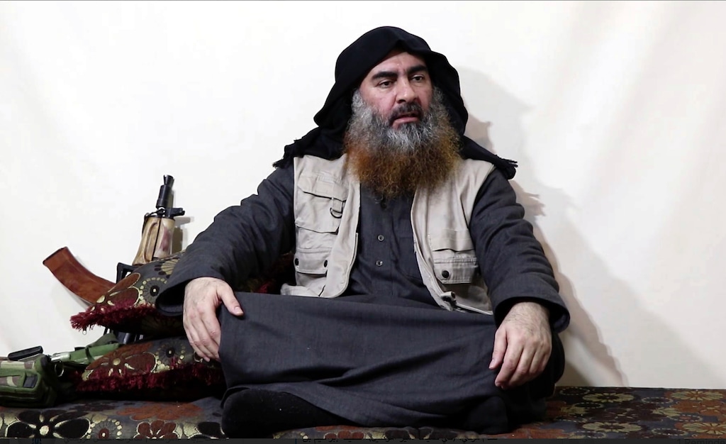 This image made from video posted on a militant website on Monday, April 29, 2019, purports to show the leader of the Islamic State group, Abu Bakr al-Baghdadi, being interviewed by his group's Al-Furqan media outlet.(Al-Furqan media via AP)