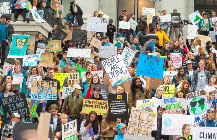 (Rick Egan  |  The Salt Lake Tribune)      Hundreds of students from around the state chant and sing as they gather on the steps of the Utah State Capitol Building, demanding action on the climate crisis. Friday, Sept. 20, 2019.