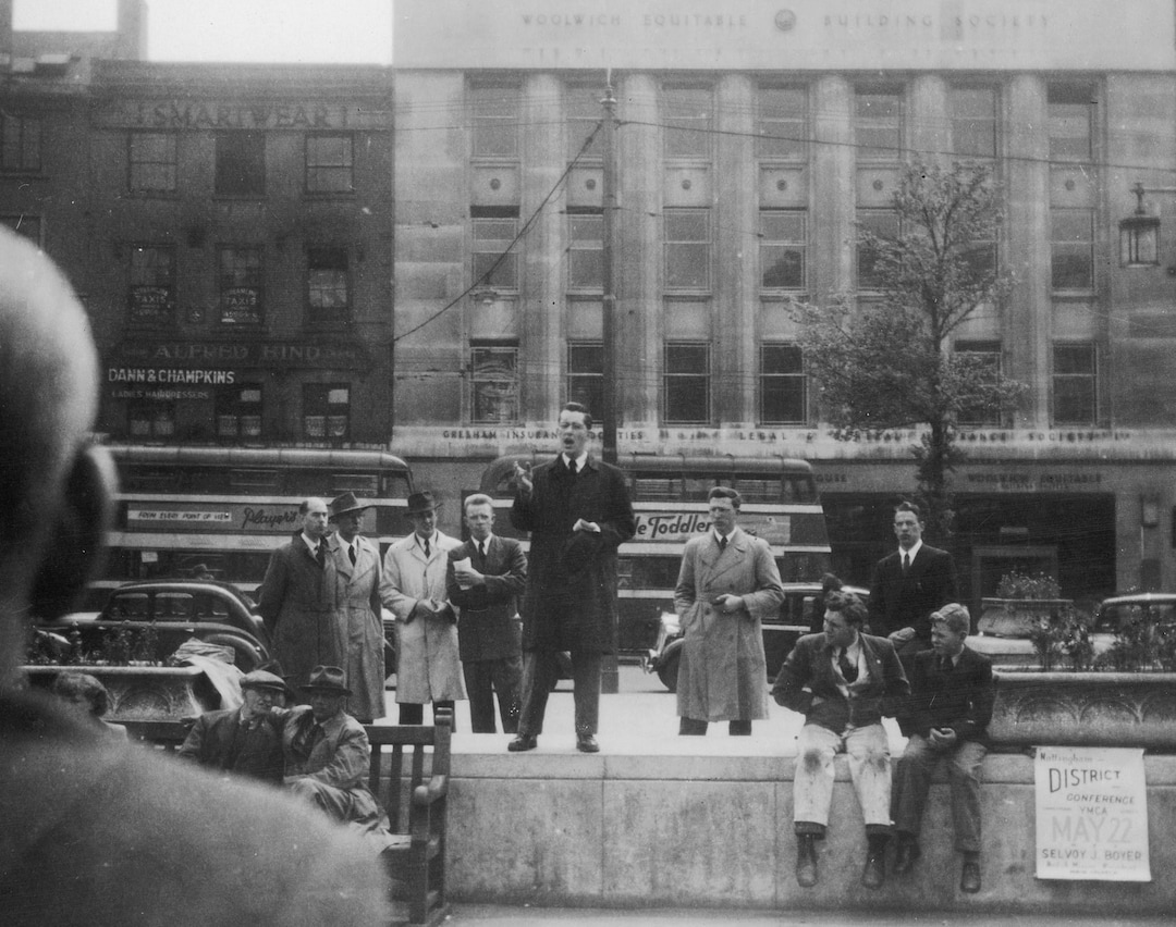 (The Church of Jesus Christ of Latter-day Saints)
As a young missionary, M. Russell Ballard preaches in a market square in Nottingham. England, in 1949.