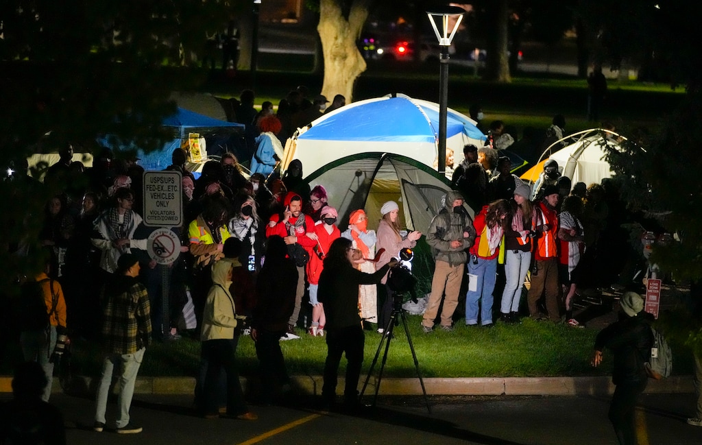(Bethany Baker  |  The Salt Lake Tribune) Protesters gather during the pro-Palestine rally at the University of Utah in Salt Lake City on Monday, April 29, 2024.