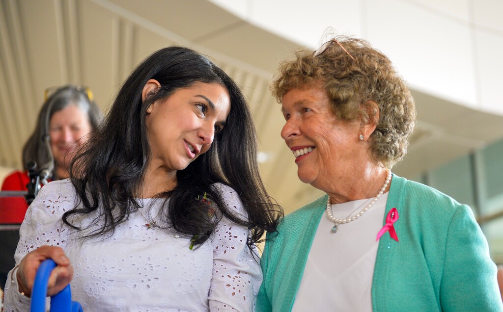 (Chris Samuels | The Salt Lake Tribune) Karen Huntsman, right, joins cancer survivor Patricia Cabrera during the opening of the Kathryn F. Kirk Center for Comprehensive Cancer Care and Women’s Cancers in Salt Lake City, Monday, May 8, 2023.