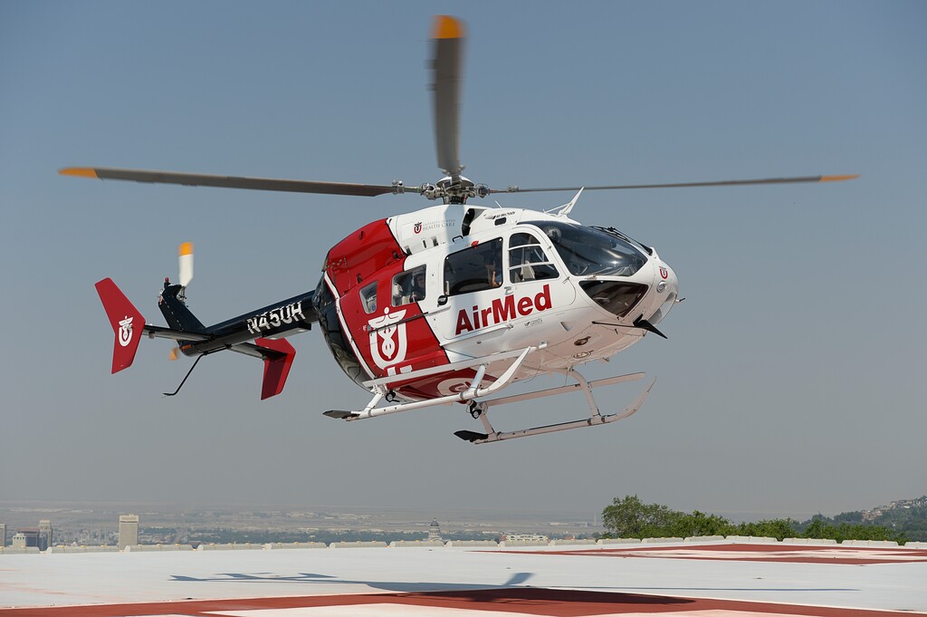 (Francisco Kjolseth  |  The Salt Lake Tribune) A University of Utah Health helicopter takes flight on Aug. 7, 2017.