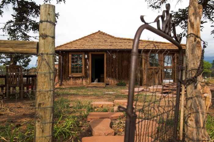 (Leah Hogsten  |  The Salt Lake Tribune) The board and batten frontier house, originally one room built in 1886, was dilapidated and boarded up and had sat vacant for 50 years, when Dawn House purchased the Torrey cabin three years ago.