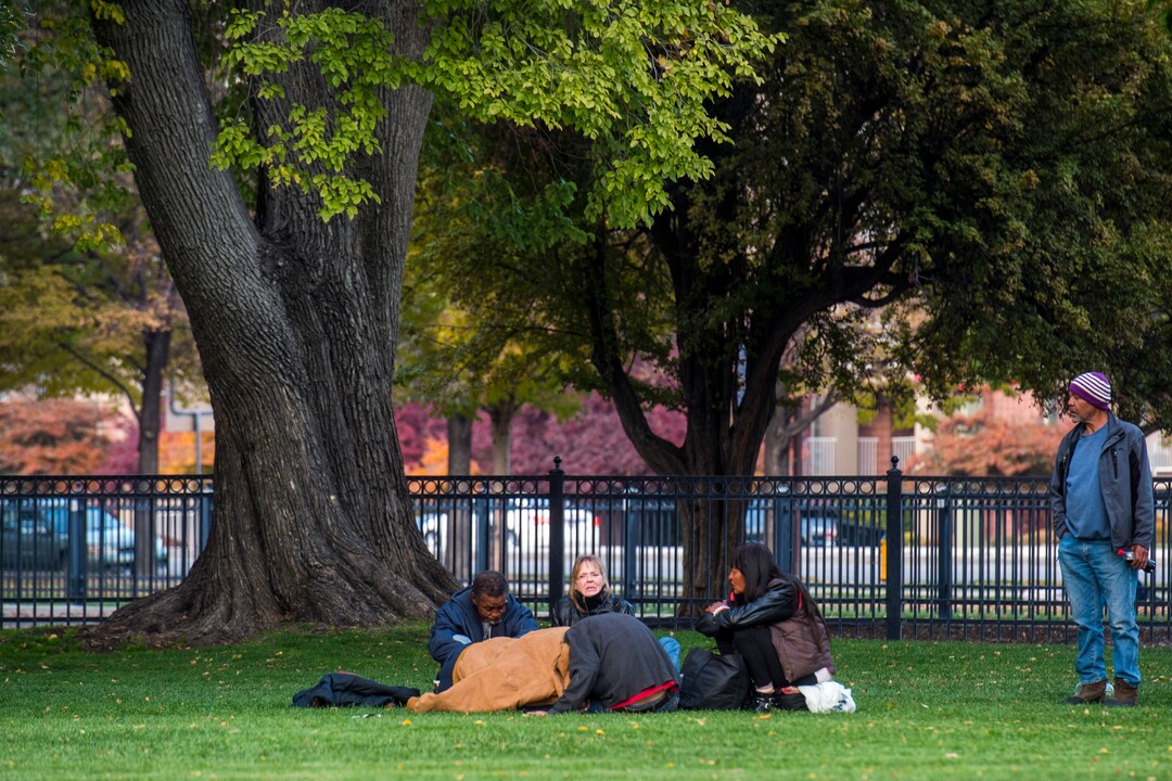 (Chris Detrick  |  The Salt Lake Tribune)  People in Pioneer Park in Salt Lake City Tuesday, October 17, 2017. 