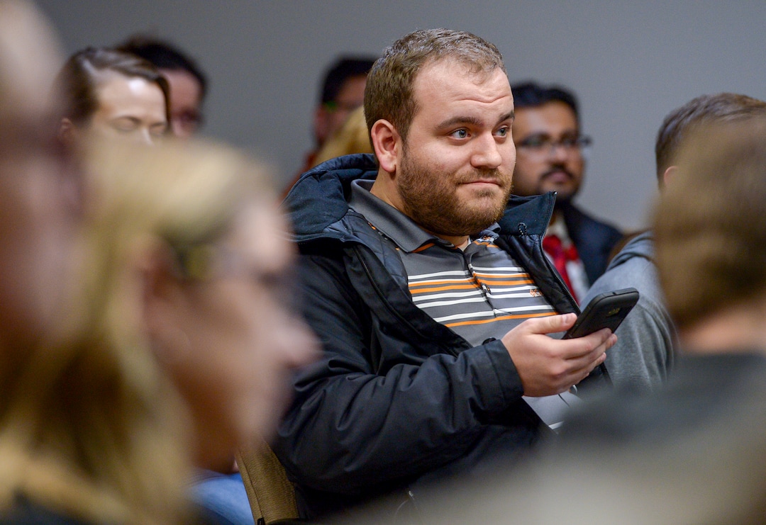 Leah Hogsten  |  The Salt Lake Tribune  Aaron Bullen of Lehi reacts to Congressman Ben McAdams' answers regarding abortion. McAdams met with constituents in the Lehi City Council chambers Tuesday evening during his second town hall in Utah County, Feb. 19, 2019.