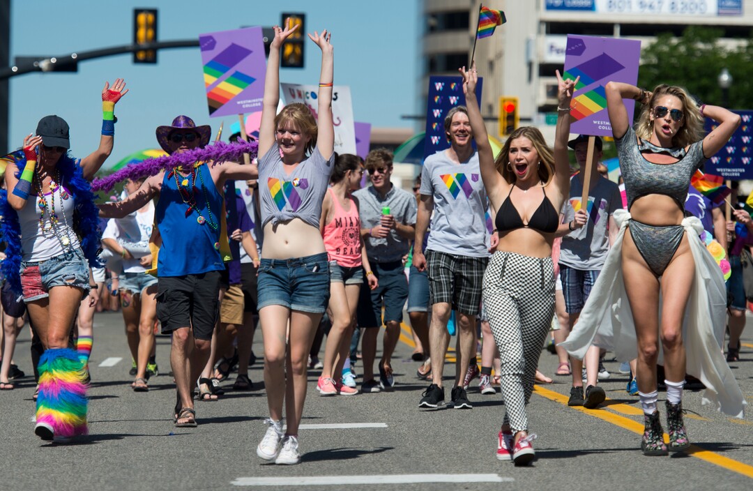 (Rick Egan  |  The Salt Lake Tribune)   Students from Westminster College participate in the Utah Pride Parade, in Salt Lake City, Sunday, June 3, 2018.