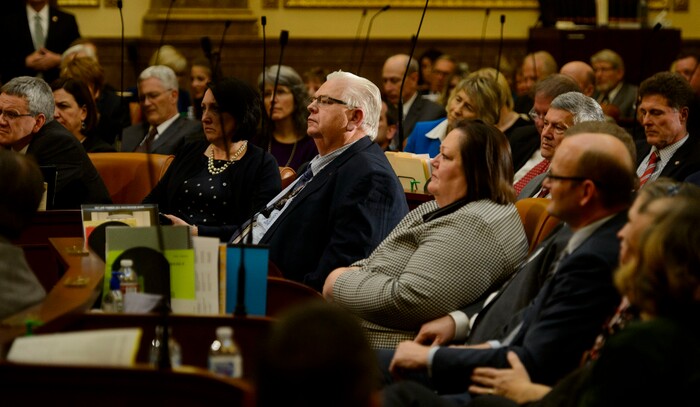 (Steve Griffin  |  The Salt Lake Tribune) Legislators listen as as Gov. Gary Herbert gives his State of the State address at the Utah House of Representatives in Salt Lake City Wednesday January 24, 2018.