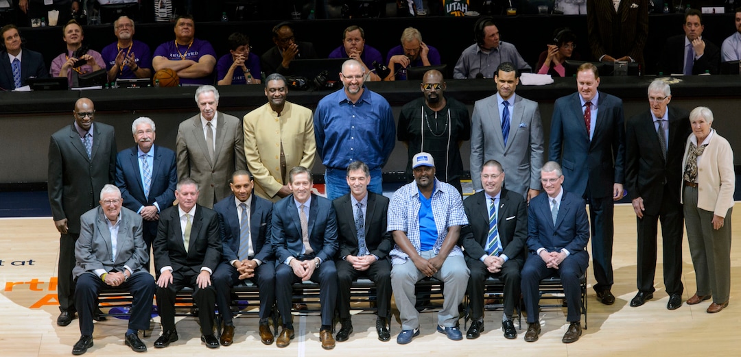 (Steve Griffin  |  The Salt Lake Tribune) Coaches, players and staff members of the Utah Jazz 1997 team are introduced to the fans during halftime of the Utah Jazz versus New Your Knicks at Vivint Smart Home Arena in Salt Lake City Wednesday March 22, 2017.