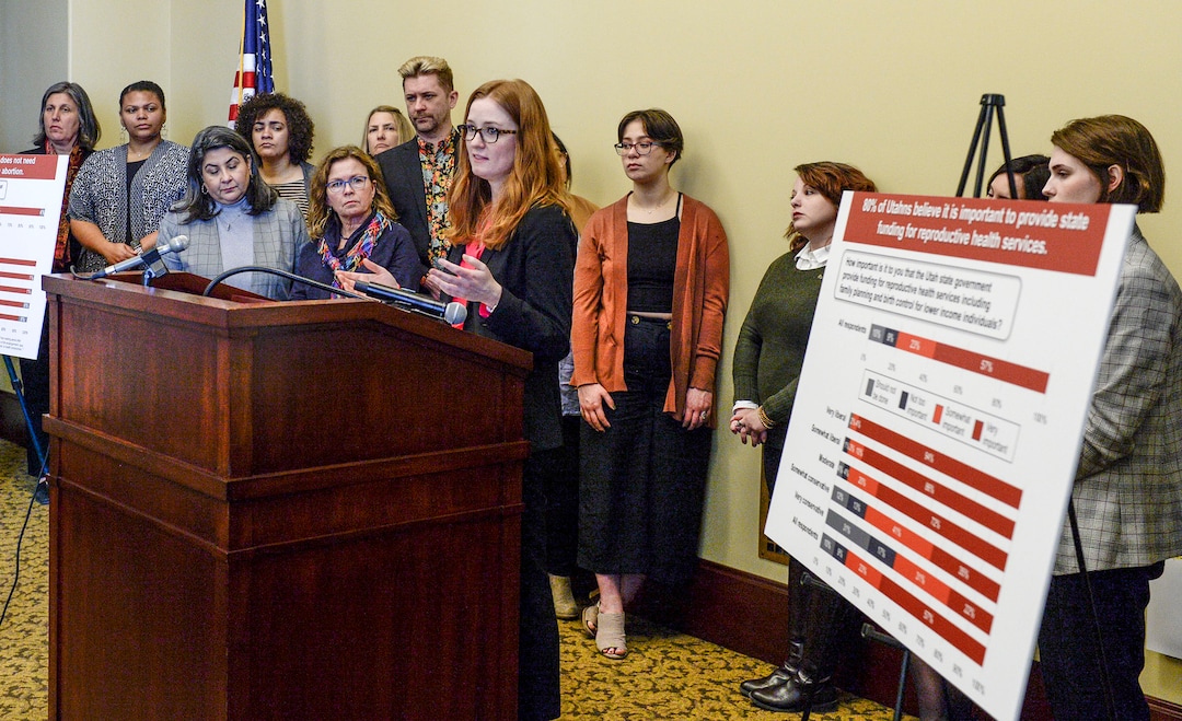 (Leah Hogsten  |  The Salt Lake Tribune) Katrina Barker with Planned Parenthood of Utah presents the findings of the 2020 Reproductive Rights Poll on Monday at the Capitol. Alliance for a Better Utah, Planned Parenthood of Utah, the ACLU of Utah and Family Planning Elevated released the results of a Utah-specific poll on the issues of sex education, contraceptive access and abortion, Feb. 24, 2020.